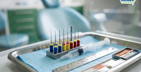 Instrumentais de endodontia organizados em bandeja: limas, seringa de irrigação e régua endodôntica