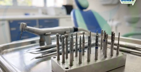 Brocas odontológicas variadas organizadas em suporte de metal sobre bandeja inox