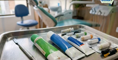 Tubos de cimento odontológico organizados em bandeja inox no consultório
