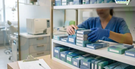 Profissional organizando caixas de material odontológico em prateleira com checklist