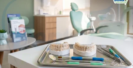 Modelos de prótese dentária provisória e definitiva em bandeja com instrumental