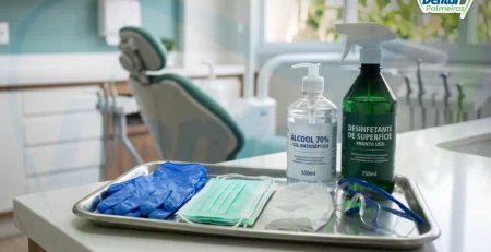 Bandeja com EPIs e desinfetantes para biossegurança do consultório odontológico