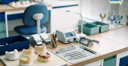 Bancada de laboratório de prótese odontológica com micromotor e modelos de gesso