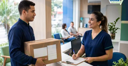 Entrega de caixa de material odontológico na recepção do consultório
