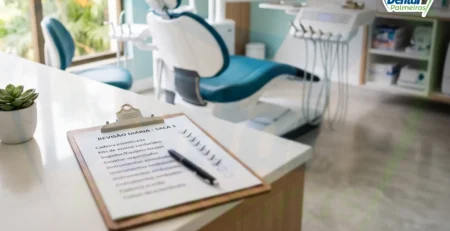 Checklist de abertura de consultório sobre bancada com cadeira odontológica ao fundo