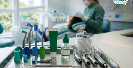 Itens de prevenção e profilaxia organizados em bandeja: taças, escovas e flúor gel