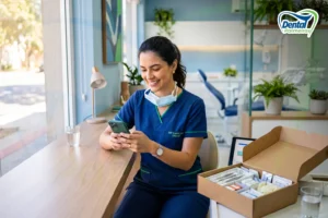 Profissional de consultório conversando pelo WhatsApp ao lado de caixa de material recebida