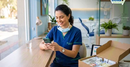 Profissional de consultório conversando pelo WhatsApp ao lado de caixa de material recebida